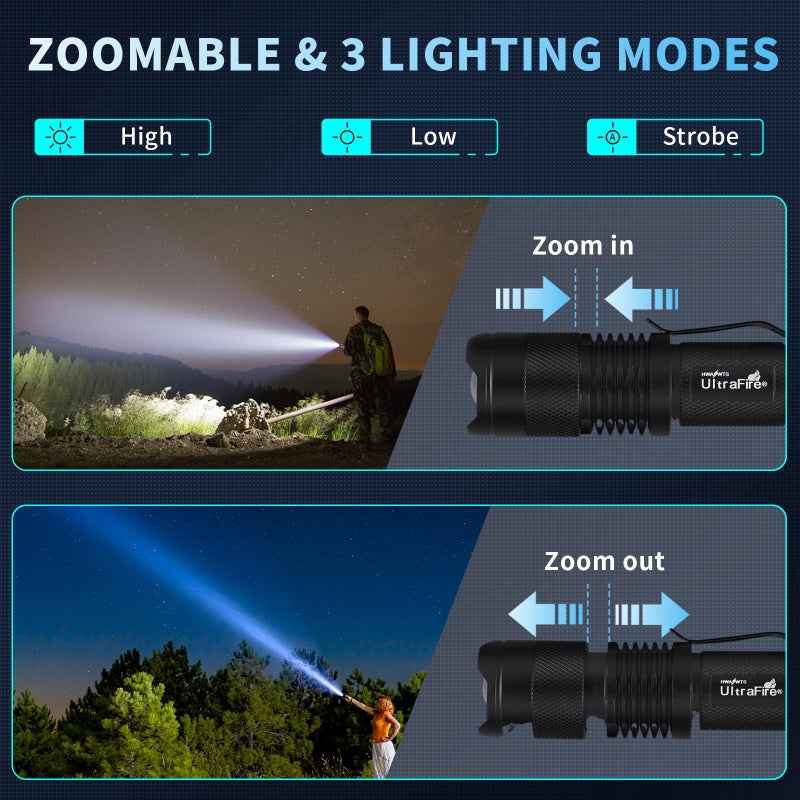 ULTRAFIRE 5 Pack SK68 Tactical and Small Flashlights,7w 3-Mode Pocket Torch Adjustable Focus Zoom Light Lamp - Image 3